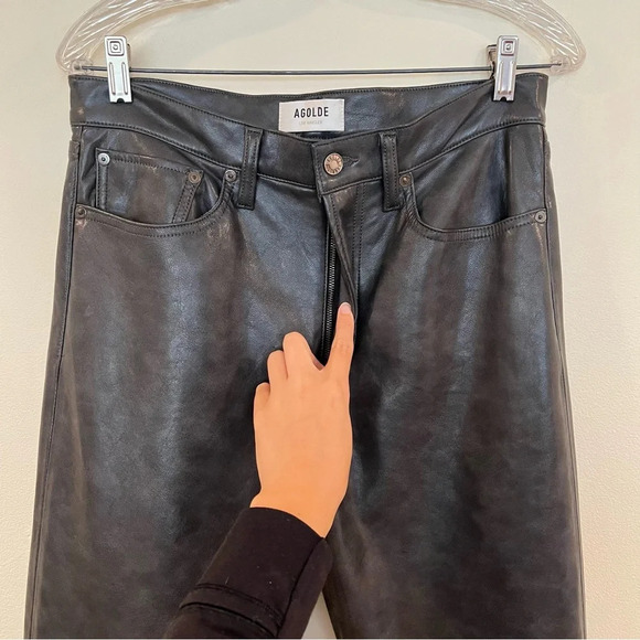 AGOLDE Sloane 100% Leather Gray Relaxed Baggy Classic Straight Leg Pants 27 - Picture 2 of 8